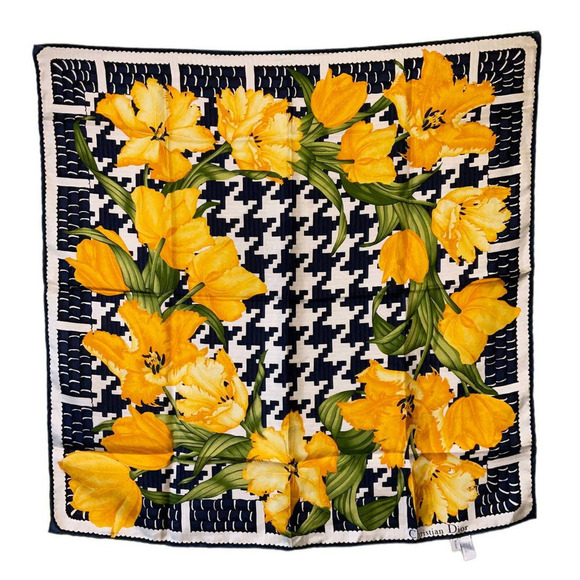 Christian Dior Vintage Flower Print Silk Scarf Yellow Black White. - Picture 1 of 15